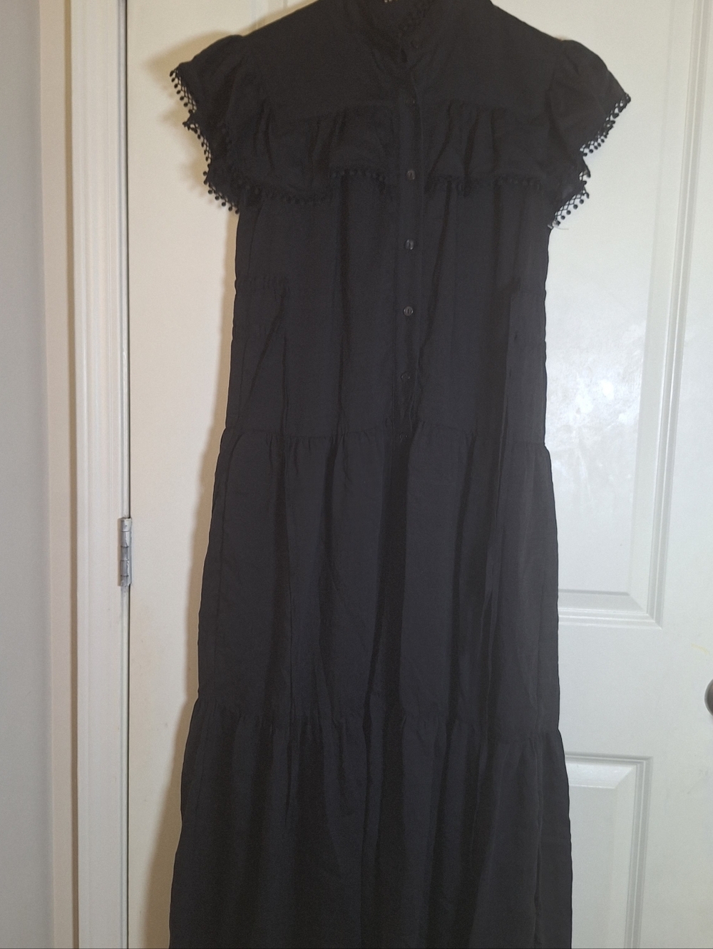 Sabina Musayev Black Gwen Tiered Pom Pom Ruffle Flutter Sleeve Maxi Dress Size S - Picture 4 of 6